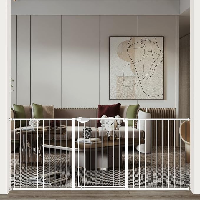 WAOWAO Triple Lock Baby Gate Extra Wide 86.22-90.55" Pressure Mounted Walk Through Swing Auto Close Safety White Metal Dog Pet Puppy Cat for Stairs,Doorways,Kitchen 86.22-90.94"/219-231cm