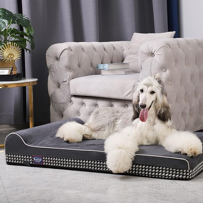 Laifug Orthopedic Memory Foam Extra Large Dog Bed with Pillow and Durable Water Proof Liner & Removable Washable Cover & Smart Design (Large (46"x28"x8"), Black and White Plaid)
