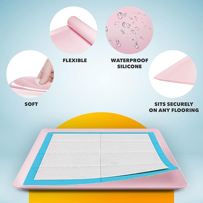 TidyFriend Dog Pee Pad Holder Tray Fits for 24” x 24” Wee Wee Pee Pads - Stable Grip, Raised Edges, Quick-Wipe Silicone Surface Dog Potty Tray Holder for Indoor Flooring Protection (Rose)