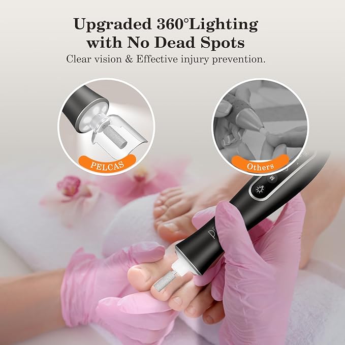 PELCAS Electric Nail Drills, Professional Cordless Nail File Kit with Light, 10 Speeds Manicure & Pedicure Kit for Human, Pet, Thick Toenails, Natural & Acrylic Nails Grey