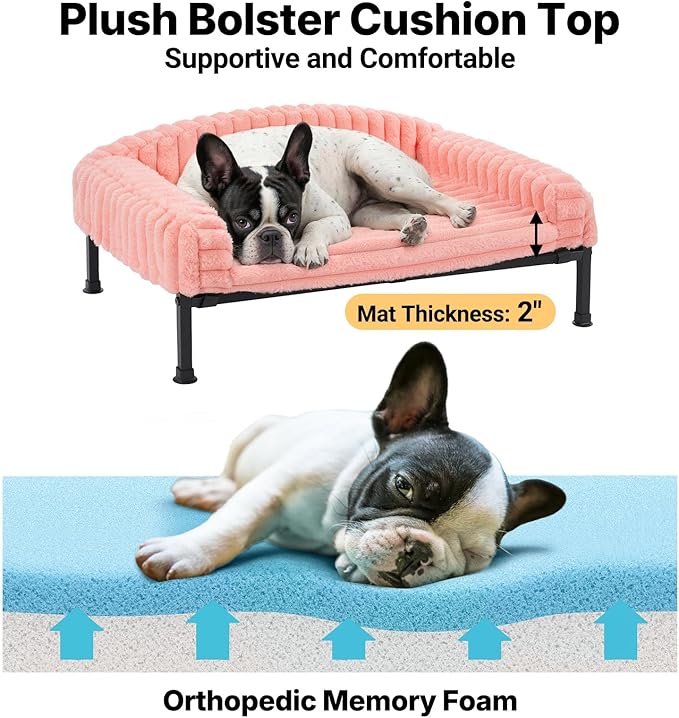 Veehoo Elevated Dog Bed with Bolster Cushion, Fluffy Plush Dog Couch Beds for Small Dogs, Cats, Washable Raised Pet Cot with Non-Slip Feet for Indoor or Patios Use, 30 x 20 Inches, Pink
