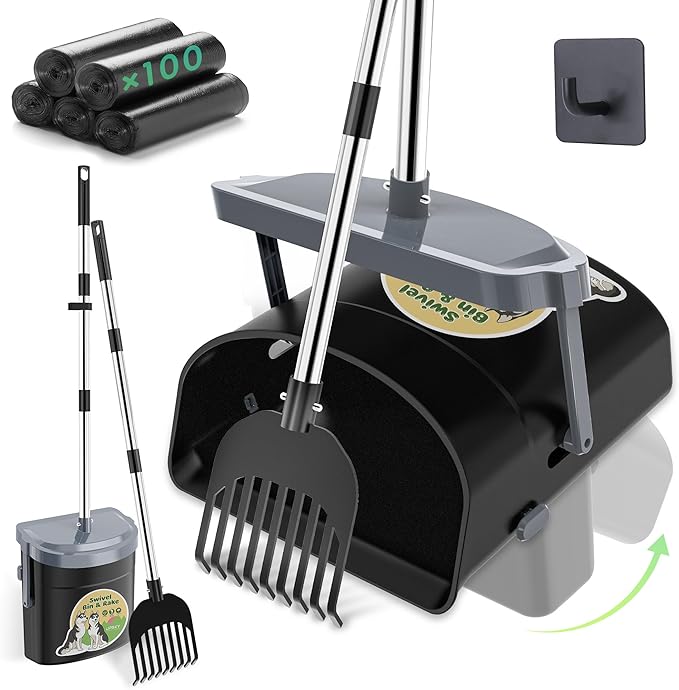 UPSKY Dog Pooper Scooper Swivel Bin & Rake Kit with 100 Waste Bags,33.4" Stainless Steel Long Handle Heavy Duty Pet Poop Shovel for Large Medium Small Dogs, Odor-Proof Lid for Yard/Lawn/Outdoor Use