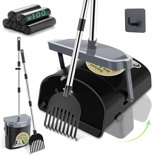 UPSKY Dog Pooper Scooper Swivel Bin & Rake Kit with 100 Waste Bags,33.4" Stainless Steel Long Handle Heavy Duty Pet Poop Shovel for Large Medium Small Dogs, Odor-Proof Lid for Yard/Lawn/Outdoor Use