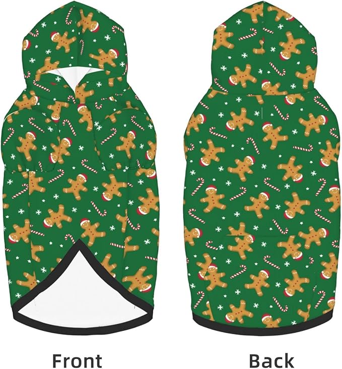 Green Christmas Gingerbread Men Candies Hoodie,Christmas Cosplay Dog Clothes with Pocket and Hat Winter Clothes Sweaters X-Large