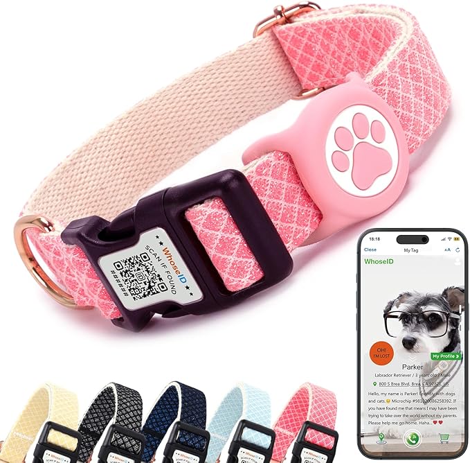 Dog Collar with Waterproof AirTag Holder & Anti-Lost QR Code, Cute Bling Warpping Adjustable Width for Small Medium Large Pet (Red, M)