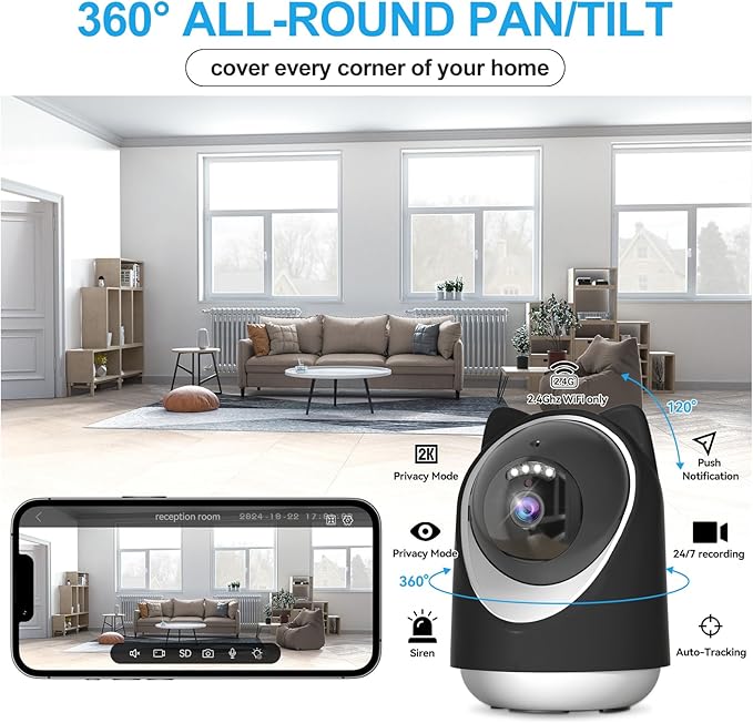 Security Camera Indoor,Wi-Fi &Two-Way Audio,Indoor Camera for Home,Baby/Dog/Cat/Pet Camera with Phone App,Night Vision,Motion Tracking, Compatible with Alexa (Black)