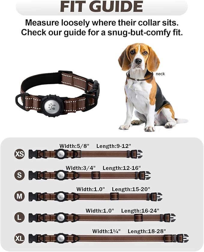 TagME Airtag Dog Collar,Waterproof Reflective Pet Collar with Airtag Holder,Soft Padded and Double D-Rings for Large Dogs,Brown
