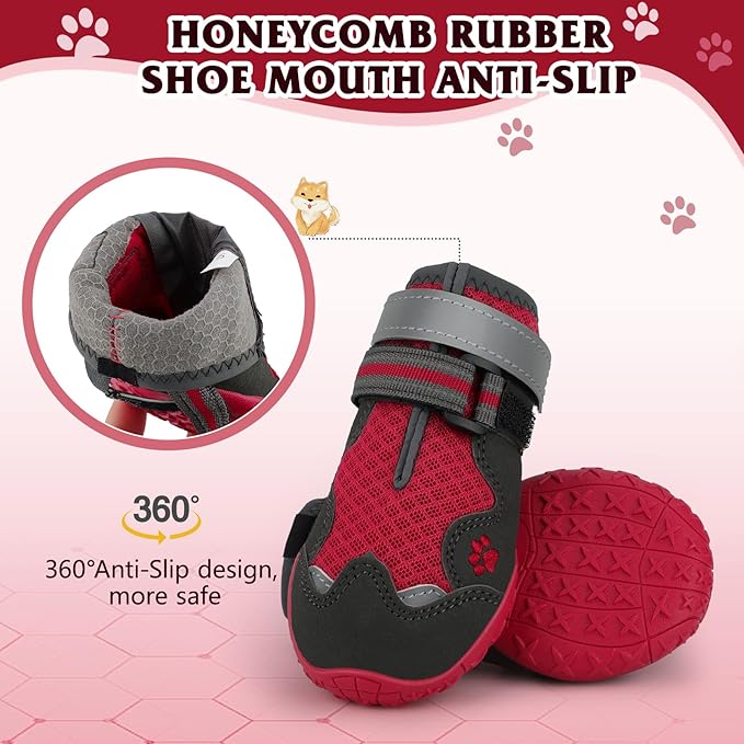 Dog Shoes for Large Medium Small Dog, Mesh Breathable Dog Shoes for Hot Pavement, Anti-Slip Dogs Boots Paw Protectors with Reflective for Outdoor Walking Indoor Hardfloors (Size 4)