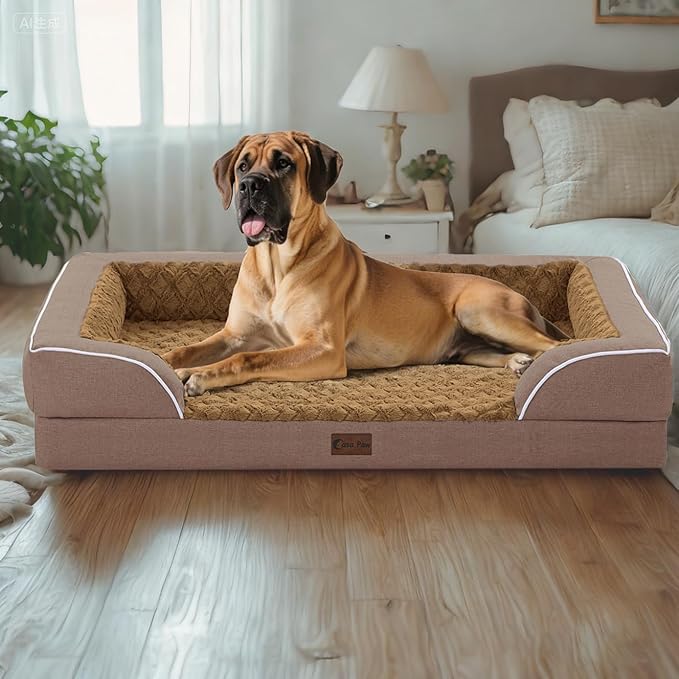 Orthopedic Dog Beds, Waterproof Memory Foam Large Sized Dog Bed with Sides, Non-Slip Bottom and Egg-Crate Foam Big Dogs Beds with Removable Washable Cover(Large,Brown)