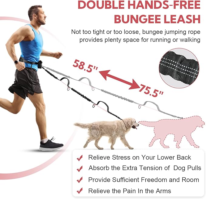 Hands Free Dog Leash, Waist Leash for Dog Walking 2 Dogs, Double Dog Leash for Two Dogs with Padded Handles, Dog Leashes for Medium and Large Dogs, Dog Walking Accessories,Tangle Free,No Pull