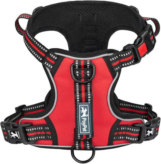 PoyPet No Pull Dog Harness, No Choke Front Clip Reflective Dog Vest with Soft Padded Vertical Handle, 3 Leash Attachments for Small Medium Large Dogs (Red,S)