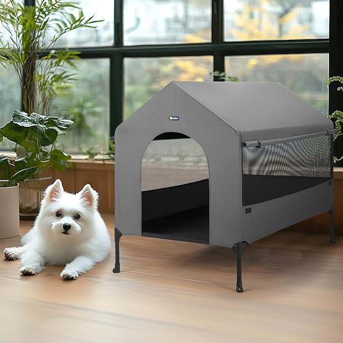 Veehoo 29" Dog House, 2-in-1 Small Dog House Outdoor Indoor Weatherproof, Outside Elevated Dog Cot Bed Dog Tent Shade, Three-Sided Breathable Mesh Windows and Sunshades, CWC2435CP
