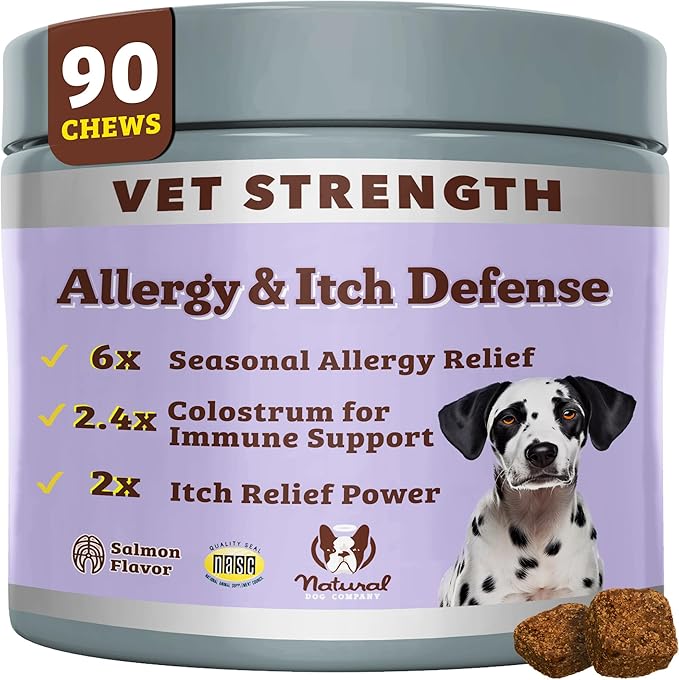 Natural Dog Company Aller Immune Chews 90 ct, Vet Strength High-Concentration Senior Dog Allergy Relief with 2.4X Colostrum, 2X Salmon Oil & 1.5X Probiotics, Supports Immune, Skin, Coat & Gut Health