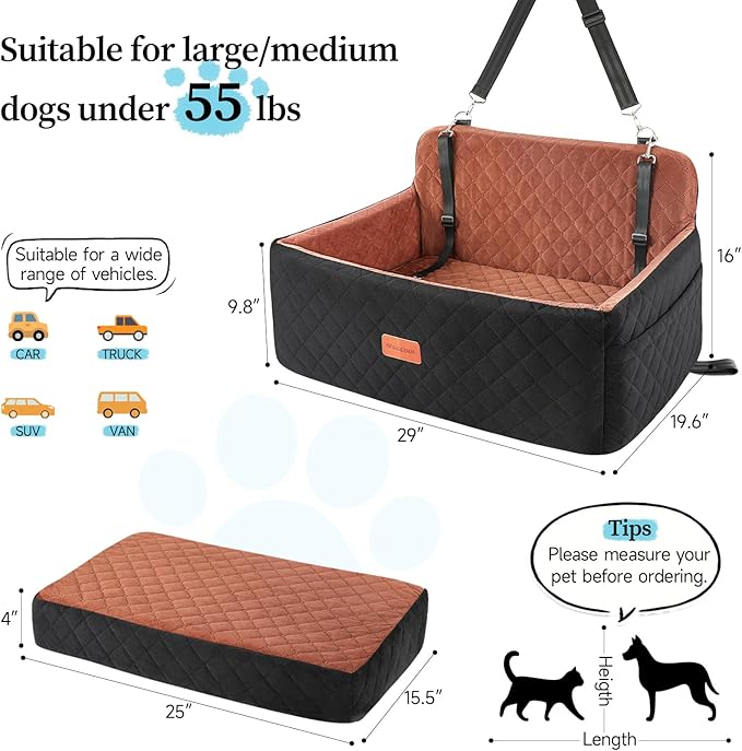 Dog Car Seat for Medium/Large Dogs, Pet Booster Seat for Under 55 lbs or 2 Small Dogs, Detachable & Washable Dog Car Bed for Backseat with 2 Safety Leashes(Black/Brown)