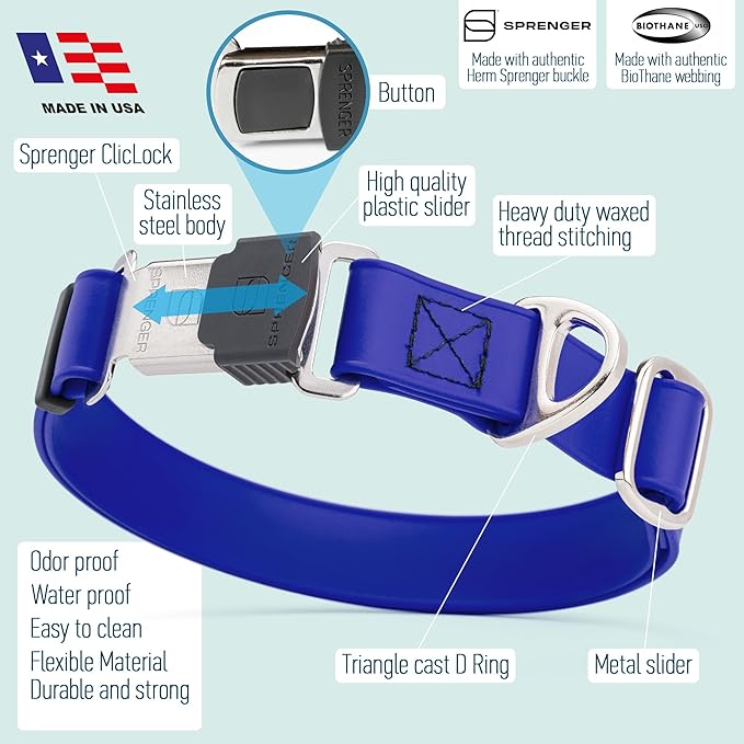 Dogline Biothane Waterproof Dog Collar with Herm Sprenger Stainless Steel Quick Release Buckle – Heavy Duty Tactical Durable Collar for Dogs – Comfortable and Safe Pet Collar W 3/4" L 12-19" Blueberry