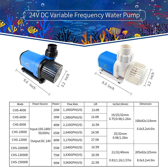 CONQUERALL 3170GPH 80W 24V 27.5ft DC Return Pump CHS-12000 Quiet Controller Warranty Water Pump for Aquarium Saltwater, Fish Tank, Coral, Aquaculture, KOI Pond, Sump,Hydroponic