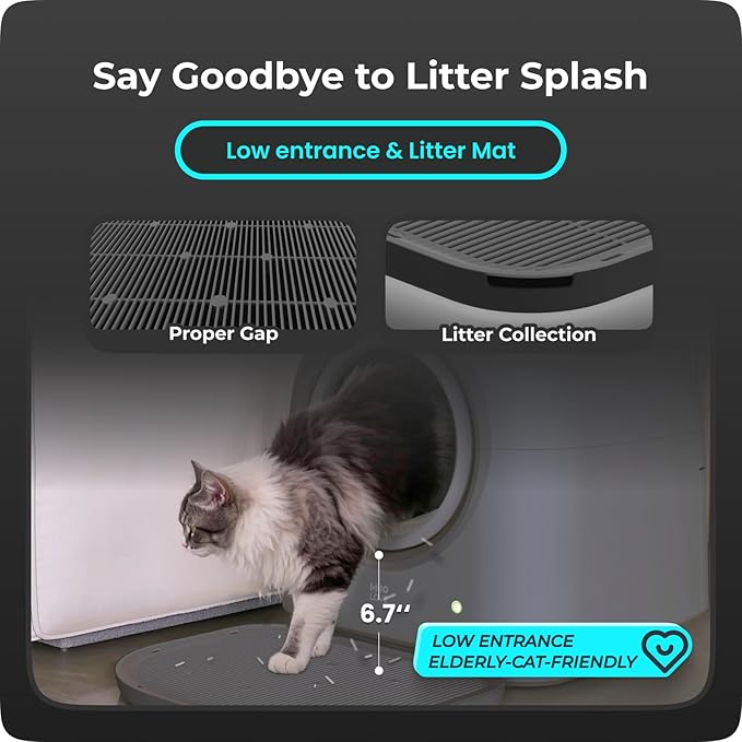 TYPro Self Cleaning Cat Litter Box Automatic Hands-Free Smart Robot self Cleaning Cat Litter Box for Multiple Cats with APP Control Safe with Litter Mat Waste Bags and Deodorizer Dark Grey