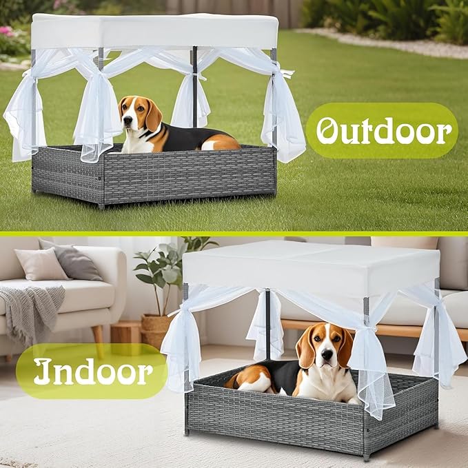 Wicker Dog House Outdoor Indoor with Canopy, Weatherproof Outside Dog Shelter Bed with Cushion, 4Sided Mesh Windows, Pet House Tent Shade for Small Medium Dogs, Rattan Dog Cot for Patio Yard Gray