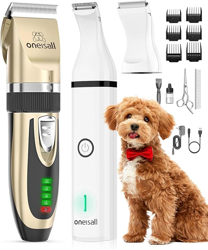 oneisall Dog Clippers and Paw Trimmer Kit 2 in 1 Low Noise Cordless Dog Clippers for Grooming Pet Hair Trimmers for Small and Large Dogs Cats Animals