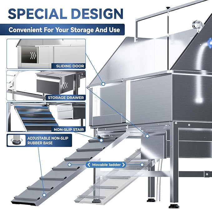 Professional 46" Dog Washing Station, Stainless Steel Dog Bathing Station, Height Adjustable Dog Wash Station, Storage Drawer, Upgrade Parts, Home, Commercial (Left Ramp)