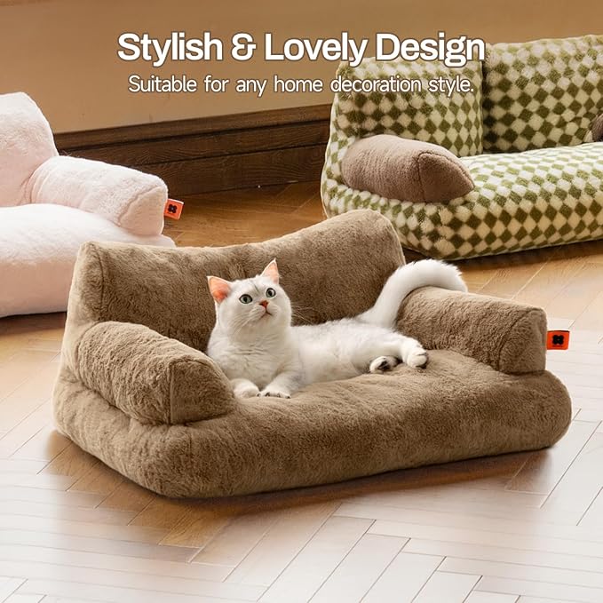 MEWOOFUN Dog Couch, Supportive Small Dog Bed for Puppy and Cats with Removable Washable Cover, Fluffy Cat Couch with Non-Slip Bottom (Camel, 26.0" L X 19.0" W X 13.0" Th)