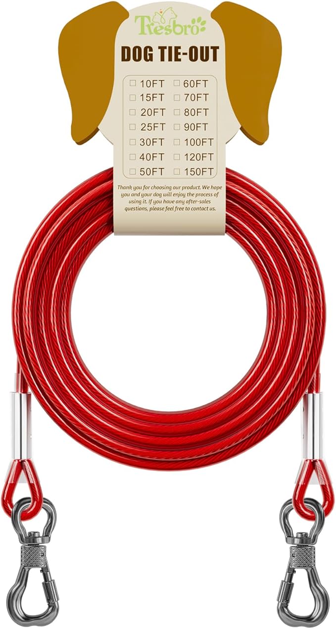 Tresbro 100FT Red Reflective Tie Out Cable for Dogs Up to 250 Pounds, Steel Wire Lead Leash with Stainless Rotatable Buckle, Lightweight and Enduring, Dog Chains Outside for Outdoor,Yard,Camping