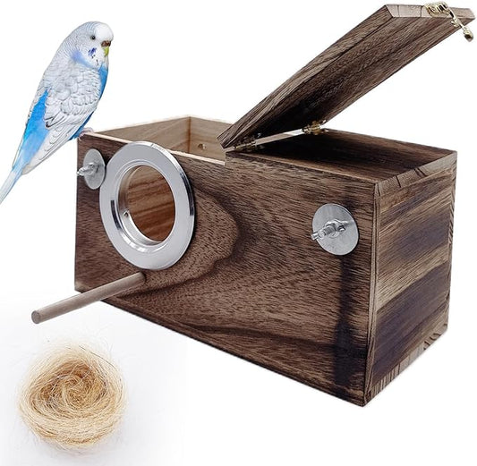 kathson Parrots Nesting Box Parakeet Nest House for Cage Budgie Breeding Hut with Coconut Fiber Bedding Wooden Bird Mating Box for Lovebirds Budgie Conure and Small Medium Parrot Birds
