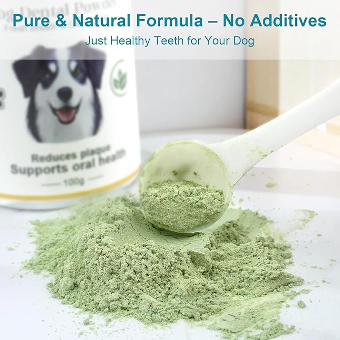 Dog Teeth Cleaning Powder 100g Fights Plaque & Tartar Freshens Breath All-Natural Ingredients for Dogs of All Breeds and Ages Easy to Use Dog Dental Powder