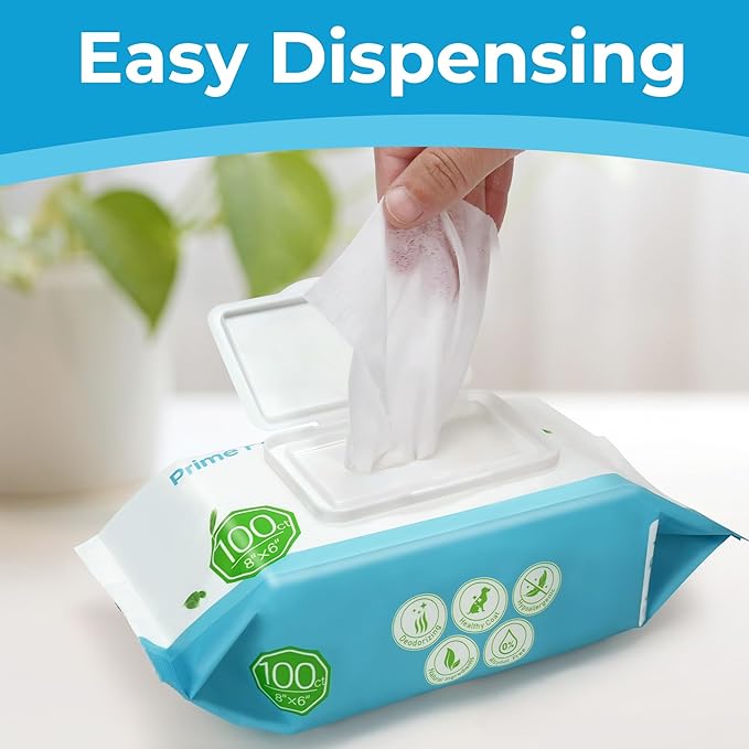 PrimePets Dog Grooming Wipes, 600 Count, 6x8 Inch Deodorizing Wipes for Dogs & Cats, 100% Fragrance Free, Natural Pet Wipes for Cleaning Face Bum Eyes Ears Paws Teeth, Dog Wipes