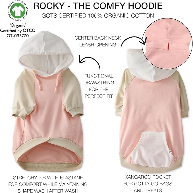 Rocky – The Orginal Lightweight Hooded TEE 100% Organic Cotton Dog Hoodie Pet Coat Sweater for Small, Medium, Large Dogs, Pink Color Block, Large