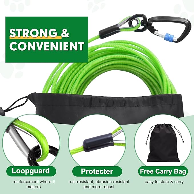 Snagle Paw Dog Tie Out Cable 30FT-1000LBS Break Strength,Heavy Duty Dog Leads for Yard with Shock Absorbing Spring & Swivel Hook,Long Leash Cable for Outdoor Tethering,Dog Line for Small Large Dogs