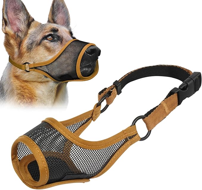 LUCKYPAW Dog Muzzle, Mesh Muzzle for Large Medium Small Dogs, Soft Mouth Guard for Biting Chewing, Breathable Mouth Guard with Adjustable Strap for Training(Brown, S(Snout:7.75"-8.75"))