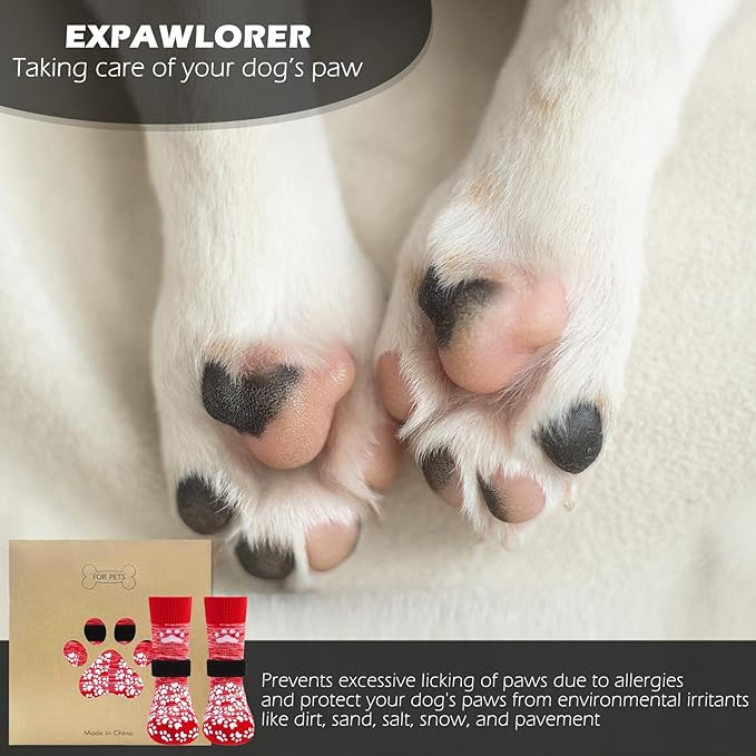 EXPAWLORER Anti Slip Dog Socks, Red, Medium, 4 Count, Fabric, Elastic Band, Dog, Paw Protection, Indoor & Outdoor