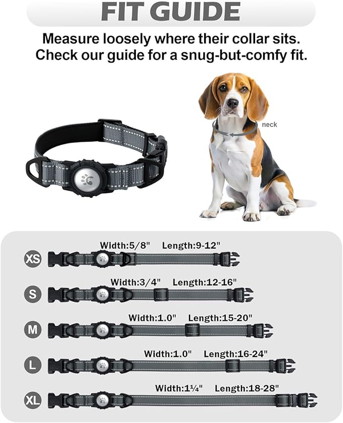 TagME Airtag Dog Collar,Waterproof Reflective Pet Collar with Airtag Holder,Soft Padded and Double D-Rings for Small Dogs,Grey