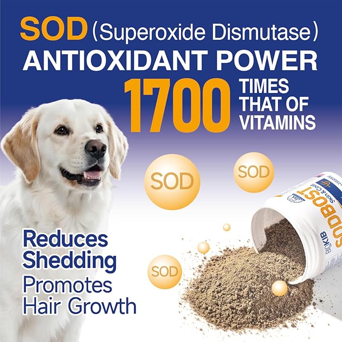 SODBOST Dog Allergy & Itch Relief, Cat Skin & Coat Supplement Powder -SOD Enzyme Skin Relief Formula for Allergy & Itch Relief & Reduces Shedding - Plant-Based, Made in USA - 60 Scoops