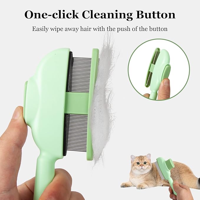 Pet Comb for Cats & Dogs, One-Touch Hair Release Button, Dense-Tooth & Mixed-Length Teeth 2-Piece Set, for Long & Short Hair, Gentle Pain-Free Design (Green)
