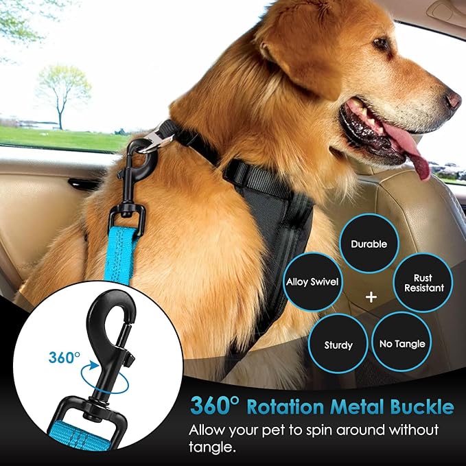 SlowTon Dog Seat Belt, Adjustable Dog Safety Belt Leash, 2 in 1 Latch Bar Attachment Dogs Car Seatbelt with Elastic Nylon Bungee Buffer, Reflective Nylon Belt Tether (TB,35.5in)