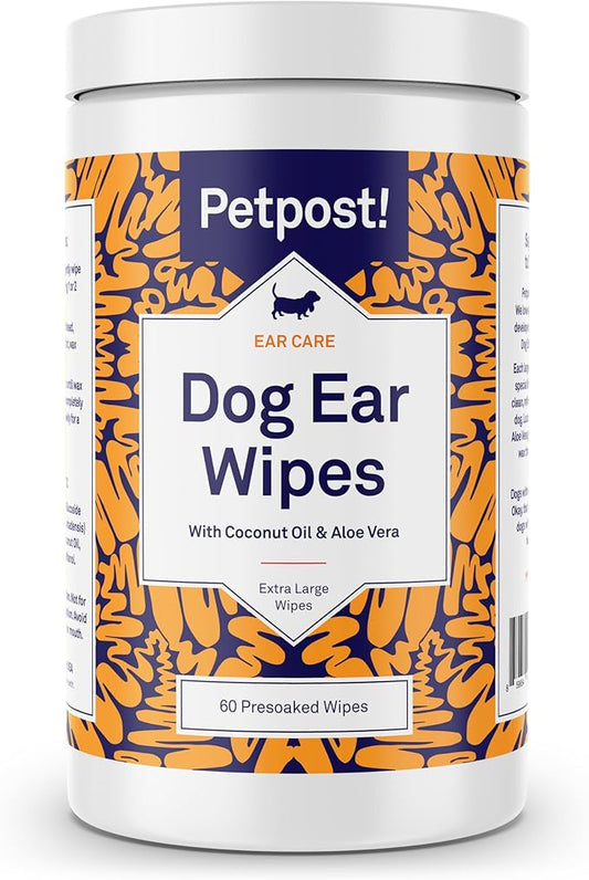 Petpost | Large Dog Ear Cleaner Wipes - Ultra Soft XL Cotton Pads in Coconut Oil Aloe Solution - Remedy for Dog Ear Rinse & Cleanser 60 ct.