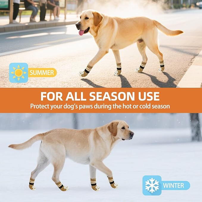 PUPTECK Non-Slip Dog Socks to Prevent Licking Paws, Double Sides Dog Boots & Paw Protectors Booties Traction on Hardwood Floors Hot Pavement with Grippers, for Small Medium Large Senior Dogs, Khaki L