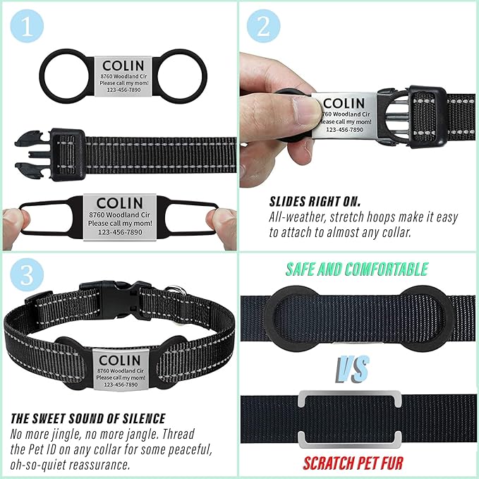 Personalized Dog ID - Engraved Dog Name Tag - Slide On Cat ID - Silent Customized Pet ID Tags for Small, Medium, Large Dogs & Cats