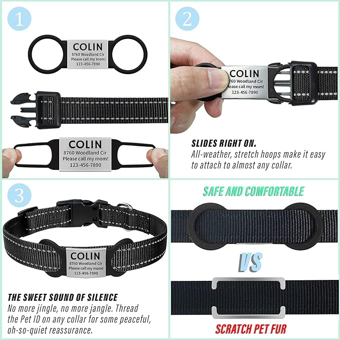 Personalized Dog Name Tag - Slide On Cat ID - Custom Collar Tags for Small, Medium, Large Dogs & Cats - Silent Customized Puppy Identification