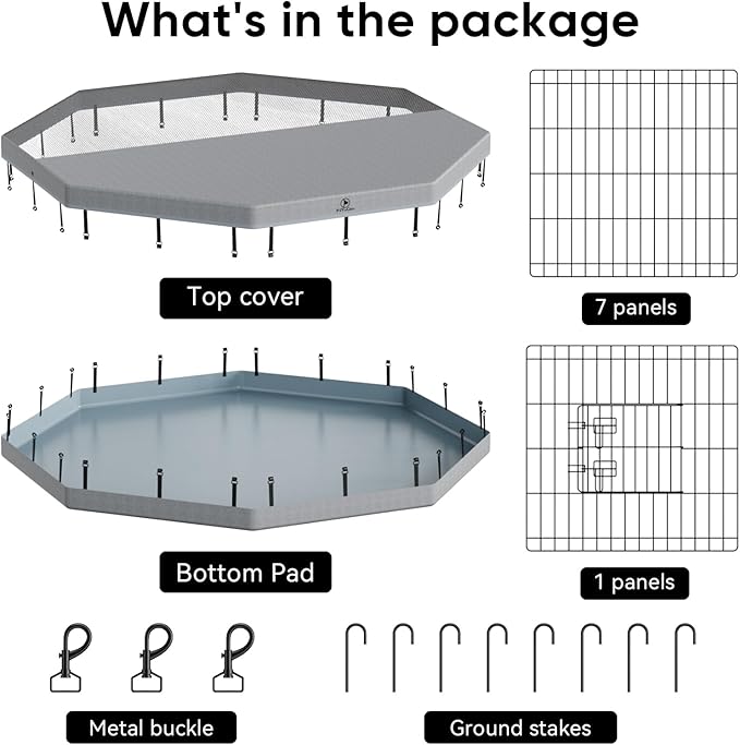PJYuCien Dog Playpen, 8 Panels 42”H Dog Playpen Indoor with Grey Bottom Pad and Top Cover, Metal Foldable Dog Pen for Indoor Use, Better for Small Medium Animals, Grey