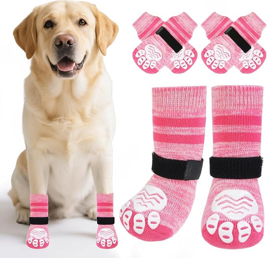 PUPTECK Non-Slip Dog Socks to Prevent Licking Paws, Double Sides Dog Boots & Paw Protectors Booties on Hardwood Floors Hot Pavement with Grippers, for Small Medium Large Senior Dogs, Fuchsia M