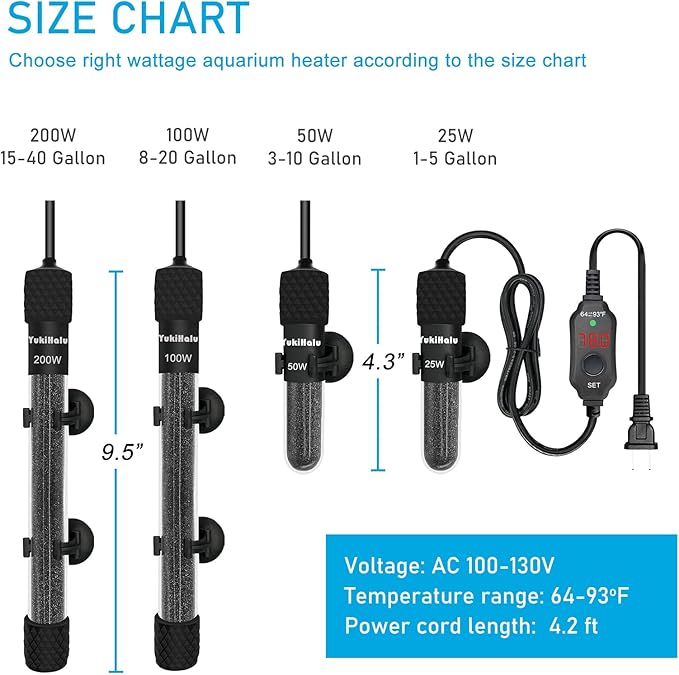 YukiHalu Small Submersible Aquarium Heater, Adjustable Mini Fish Tank Heater 25W 50W 100W 200W 300W with External Temperature Controller, LED Display, Used for 5/10/20/40/60 Gallons (100 Watts)
