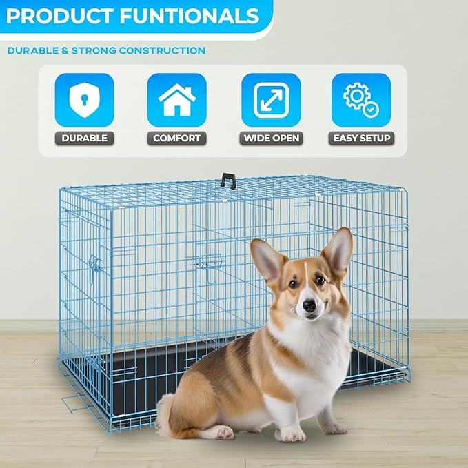 FDW Dog Crate for Small Dogs 24 Inch Folding Metal WirePet Cage Double Door W/Divider Panel Indoor Outdoor Kennel Leak-Proof Plastic Tray,Blue