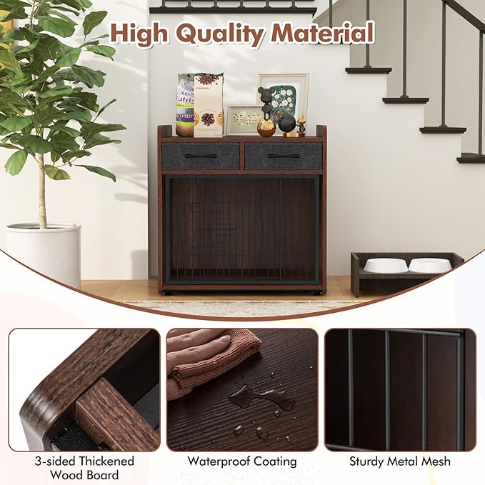 PETISITE Wooden Dog Crate with Lockable Door, Adjustable Foot Pads, 2 Fabric Drawers, Indoor Kennel Side Table for Small & Medium Dogs, 24.5 x 19.5 x 25 in