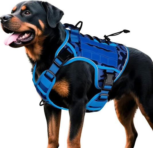 Heavy-Duty Tactical Dog Harness for Large Dogs, No Pull Adjustable Reflective Pet Vest with Molle System, K9 Military-Grade Control for Service Training, Outdoor & 10+ Breeds, Blue Camo, X-Large