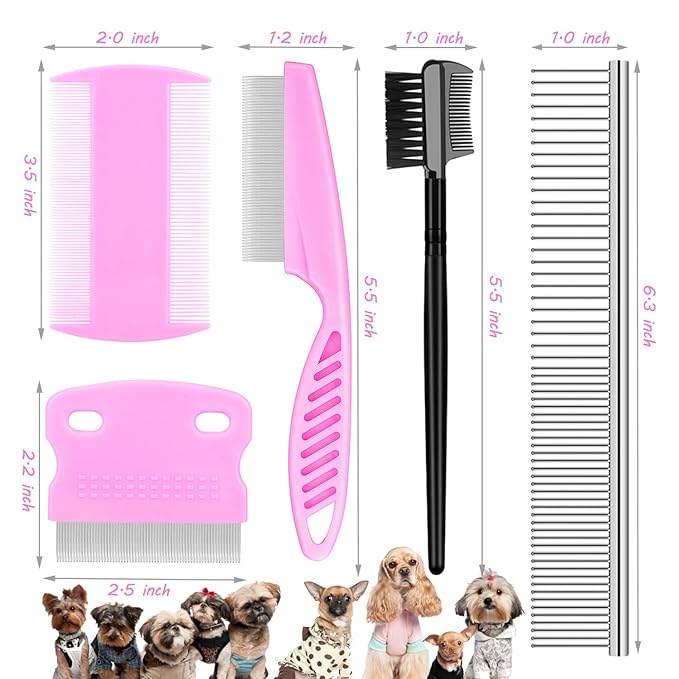 Flea Comb Lice Comb Cat Comb Dog Comb Pet Grooming Combs Tear Stain Remover Comb Remove Mucus Crust 2-in-1 Metal Round Smooth Teeth Comb Remove Floating Hair Tangles Dander (pink)