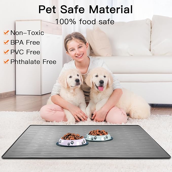 32" x 24" Large Pet Food Mat, Silicone Dog Mats for Food and Water, Nonslip Pet Feeding Mats for Floors,Dog Cat Bowl Mat with Raised Edges, Gray Blue