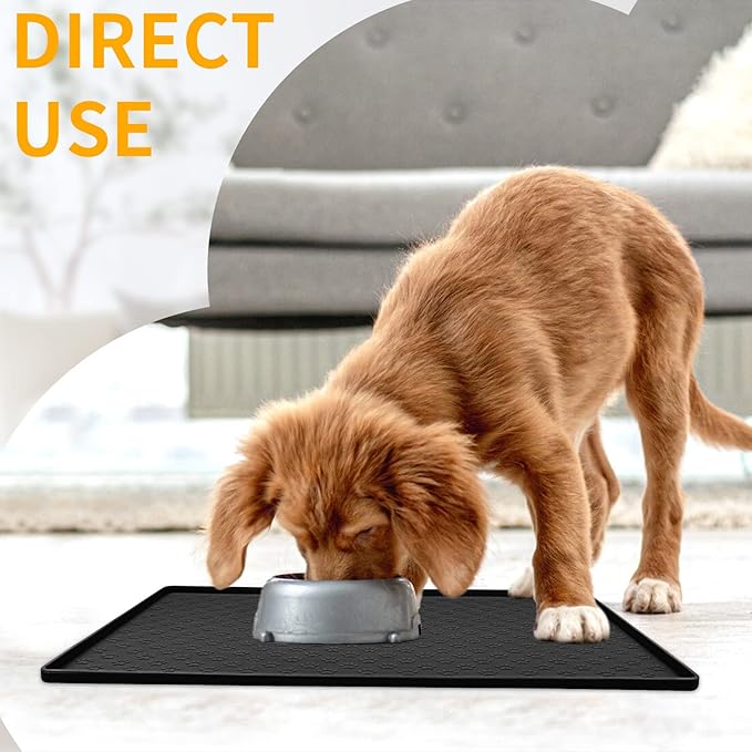 Ptlom Pet Placemat for Dog and Cat, Mat for Prevent Food and Water Overflow, Suitable for Small, Medium and Big Pet,24.5" 16.5", Black